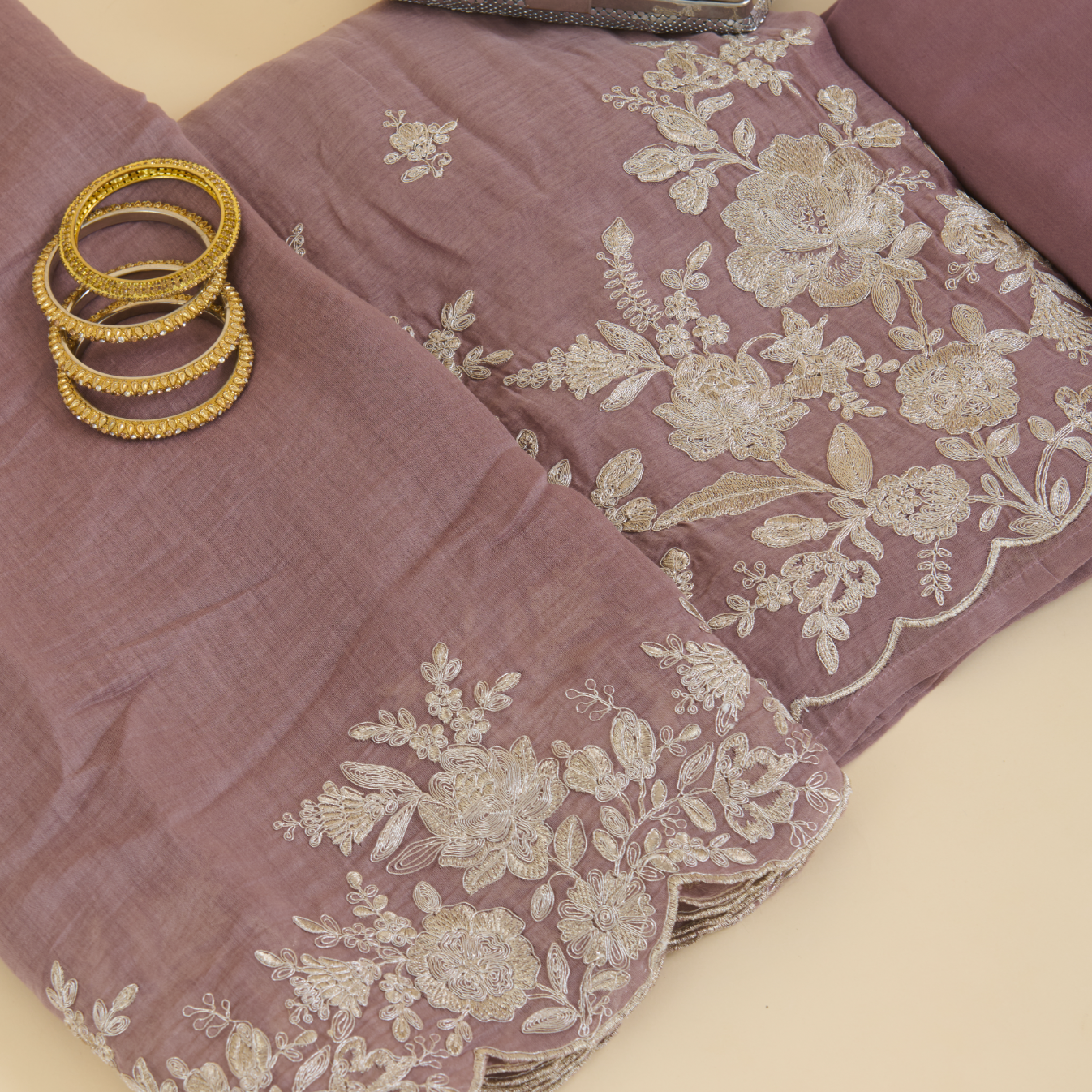 Dusty Mauve Fine Chanderi Zari Dori Embroidered Kurta Set