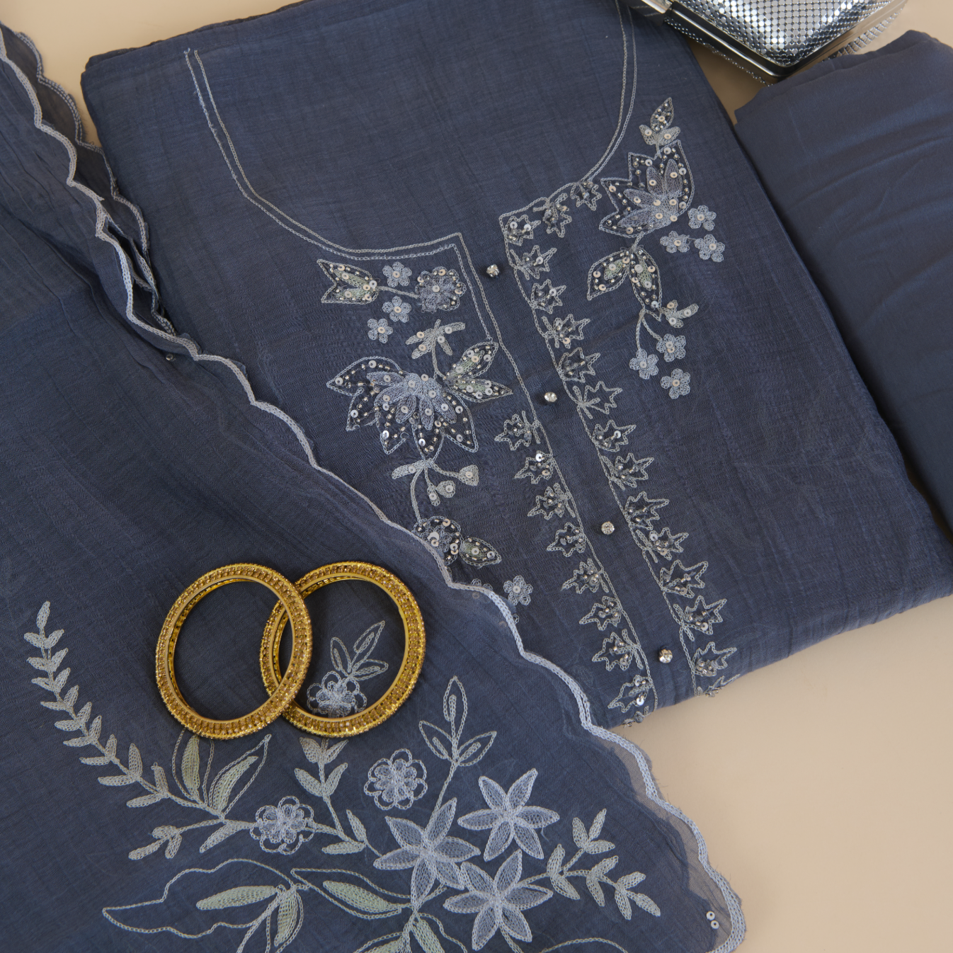 Dusty Blue Fine Chanderi Resham Embroidered Suit with Dupatta