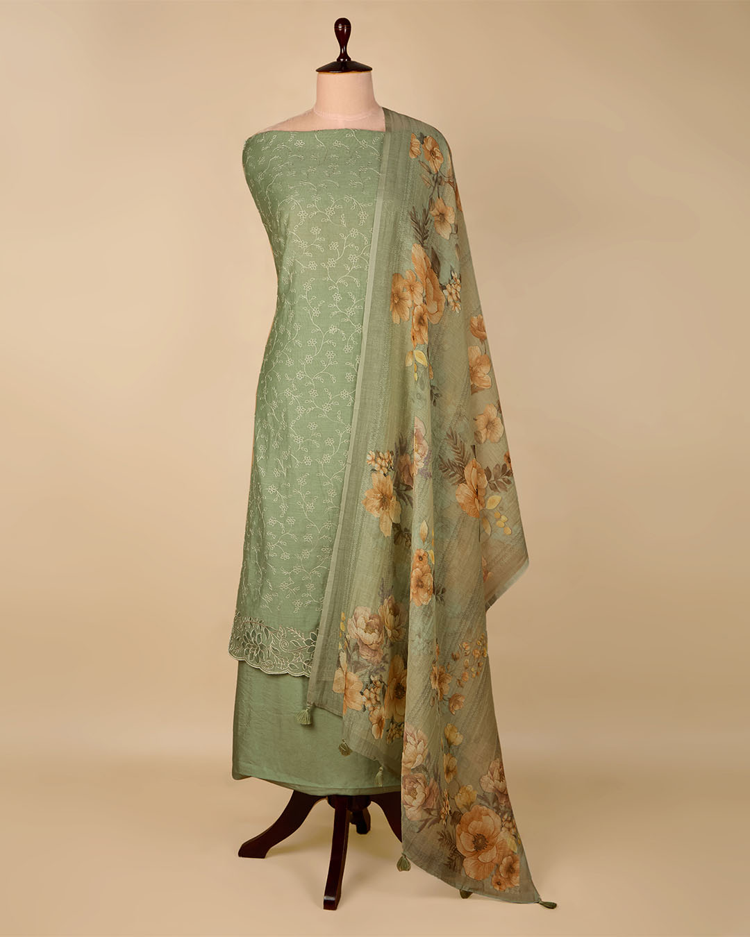 Dusty Green Chanderi Suit with Embroidery and Floral Digital Printed Dupatta