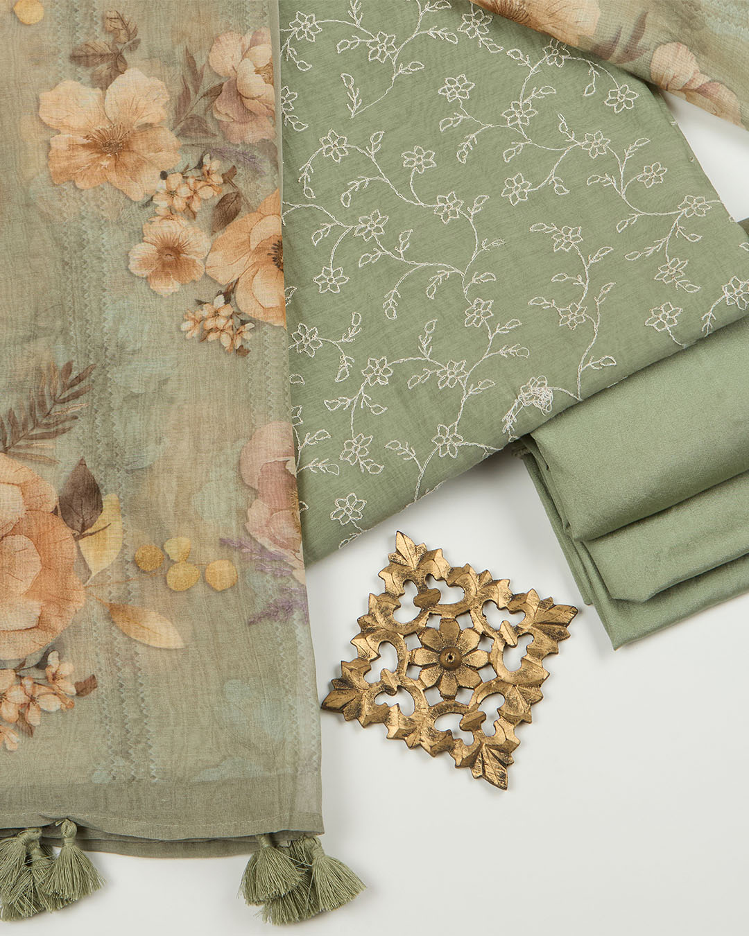 Dusty Green Fine Chanderi Embroidered Suit with Floral Dupatta