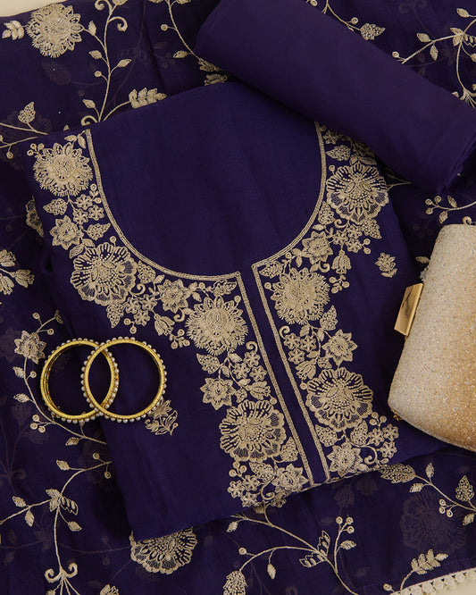Dark purple Mal Chanderi kurta set with resham embroidery and butti dupatta