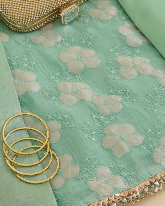 Green Mal Chanderi Appliqué Embroidered Suit Set