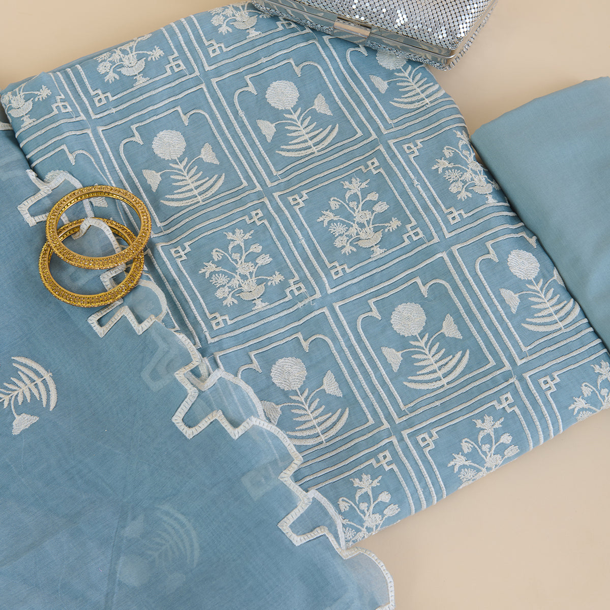 Grey Fine Chanderi Thread Embroidered Kurta with Dupatta