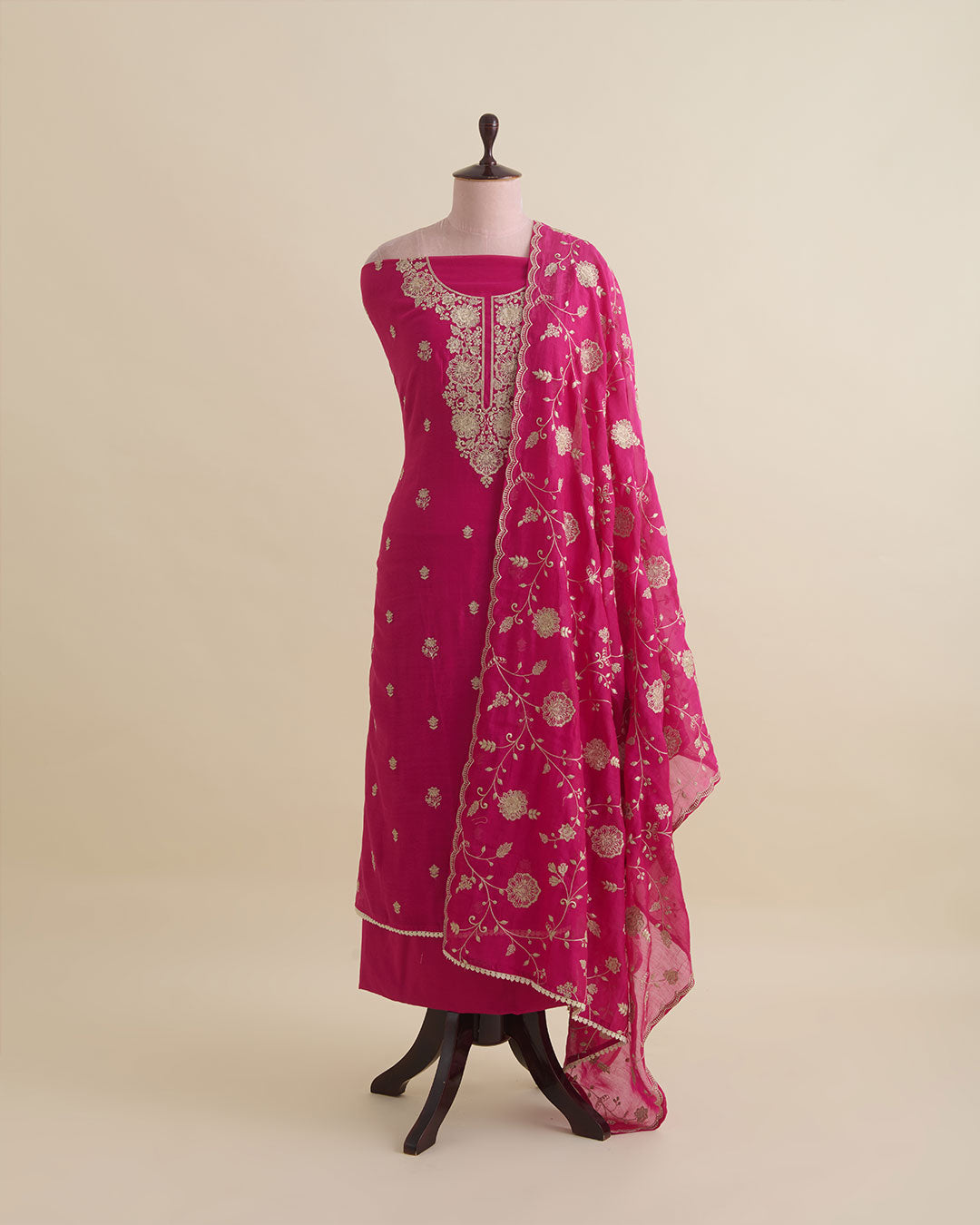 Hot Pink Mal Chanderi Kurta Set with Resham Embroidery & Butti Dupatta