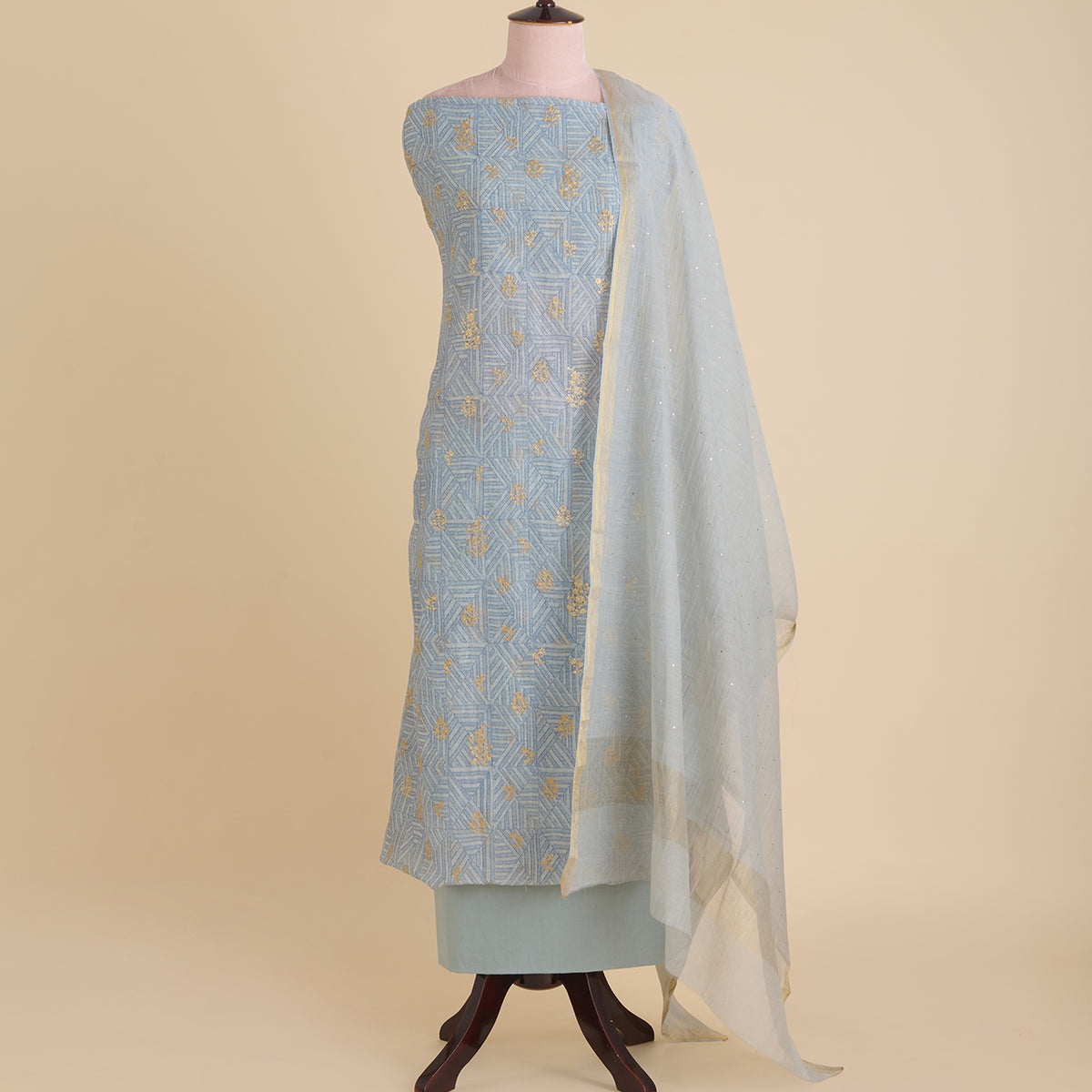 Light Blue Fine Chanderi Printed Kurta with Zari Buti & Badla Dupatta