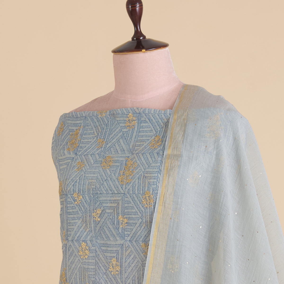 Light Blue Fine Chanderi Printed Kurta with Zari Buti & Badla Dupatta