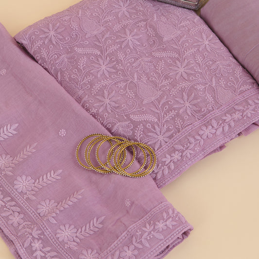 Lilac Fine Chanderi Self Embroidered Jaal Suit Set
