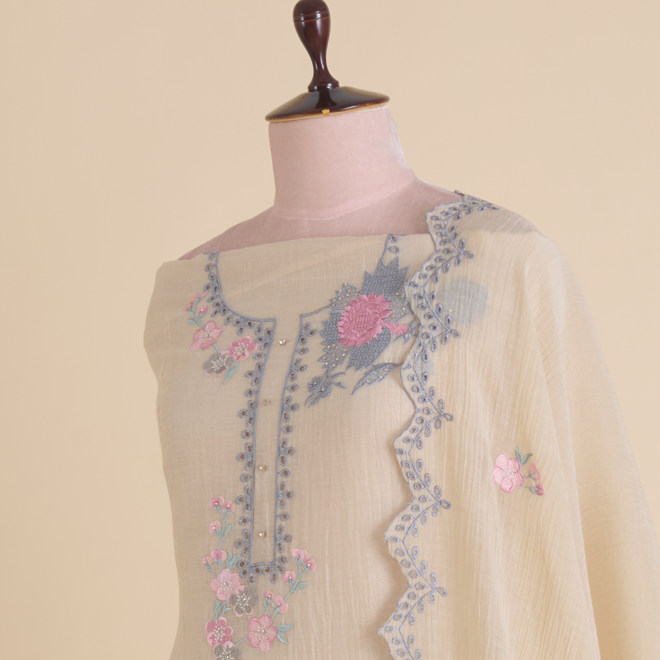 Light Beige Fine Chanderi Thread Hakoba Stone Embroidered Suit
