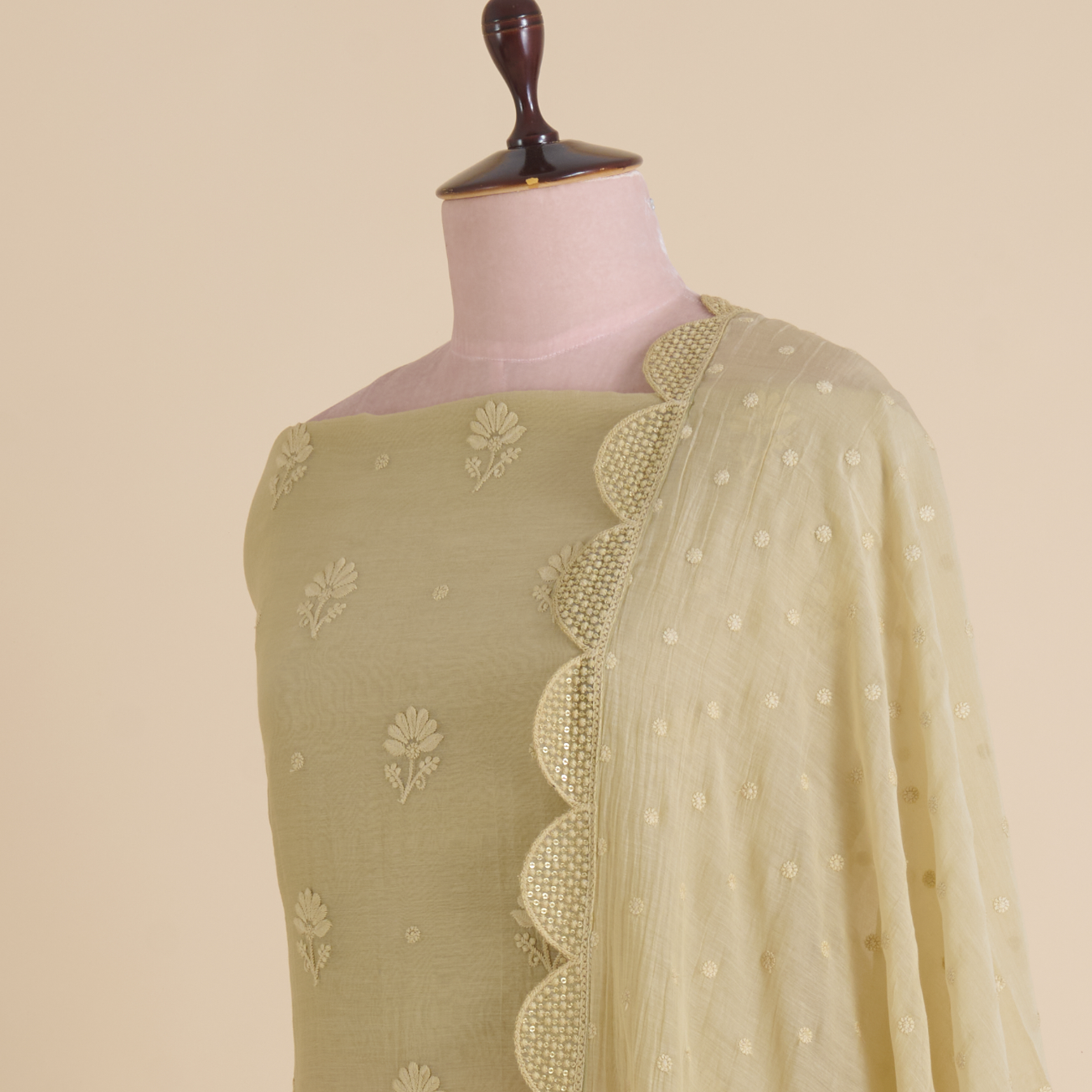 Light Beige Fine Chanderi Self Embroidered Buta Suit Set