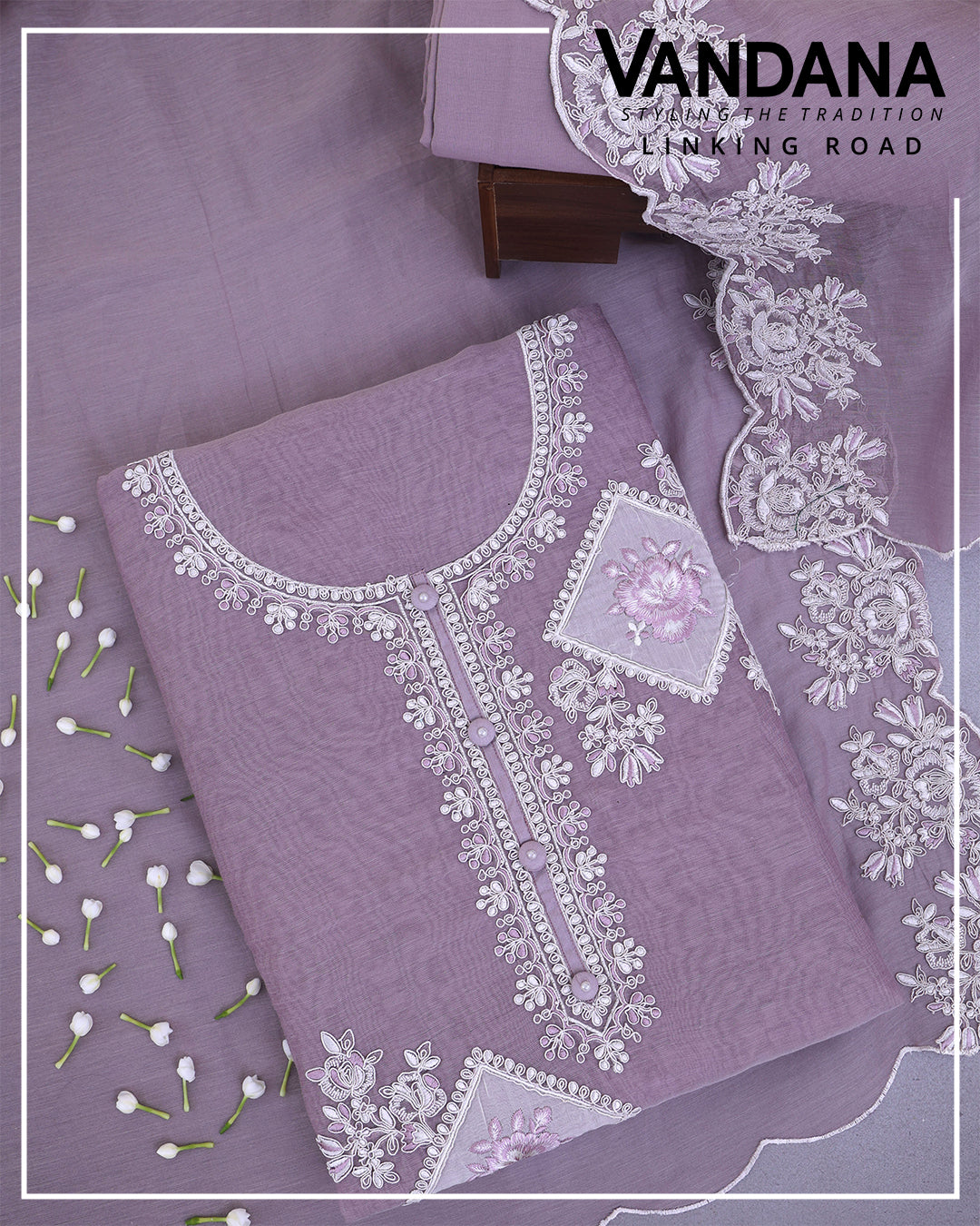 Misty Lilac Grey Fine Chanderi Suit with Embroidered Dupatta & Cotton Bottom