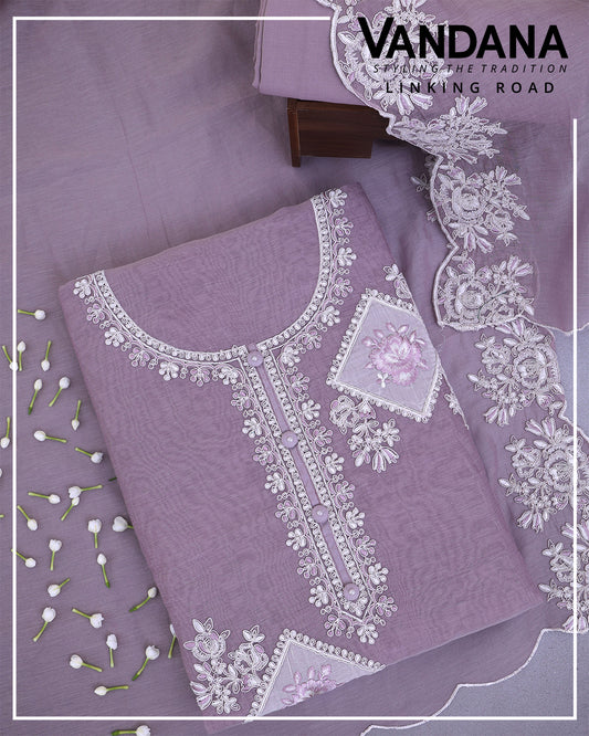 Misty Lilac Grey Fine Chanderi Suit with Embroidered Dupatta & Cotton Bottom