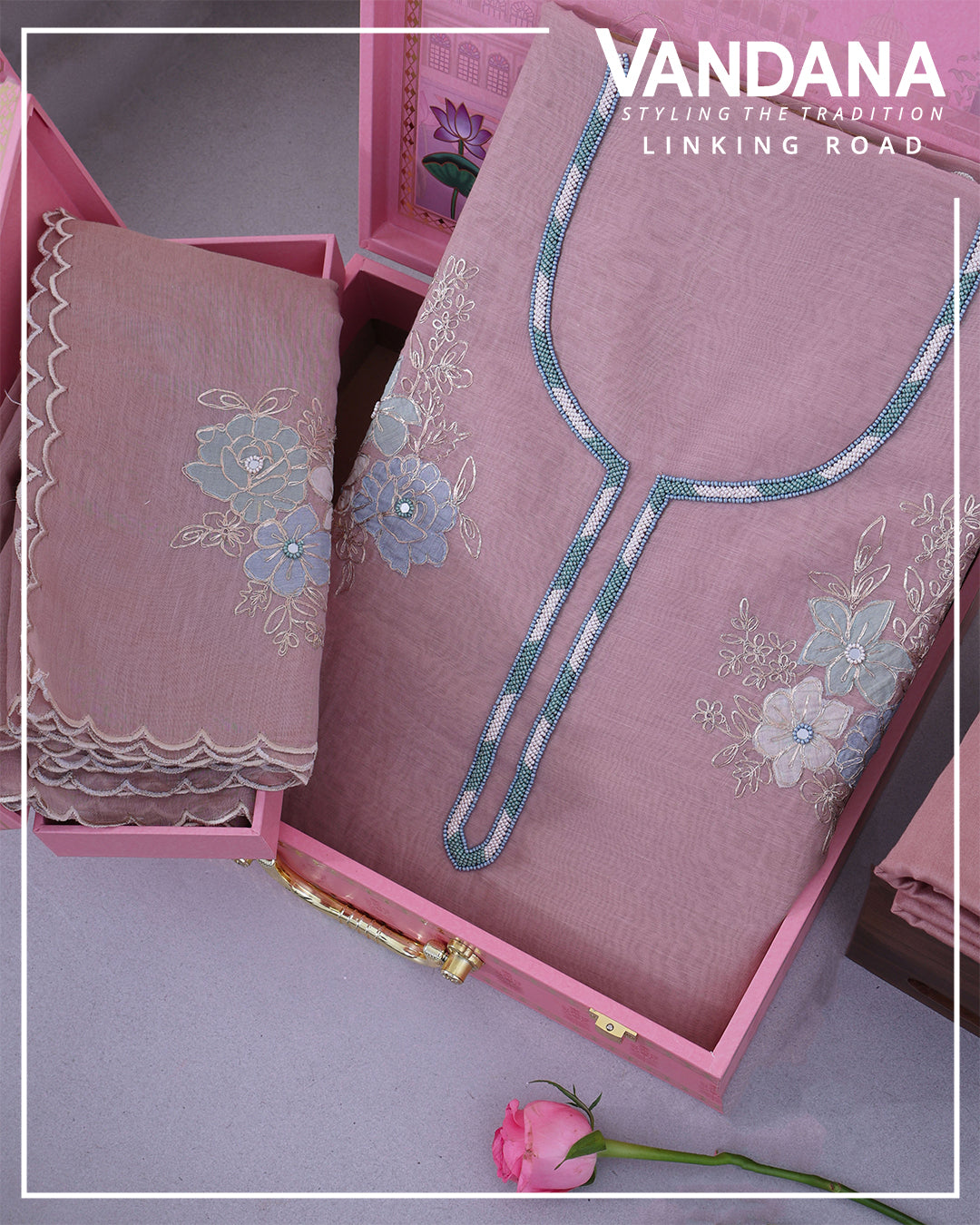 Dusty Mauve Fine Chanderi Suit with Embroidery & Dupatta Set