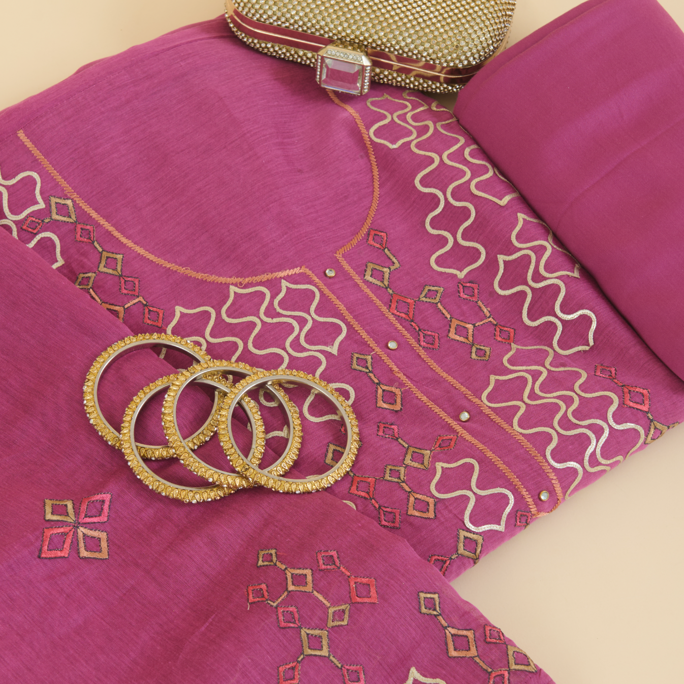 Magenta Fine Chanderi Thread & Zari Badla Embroidered Suit