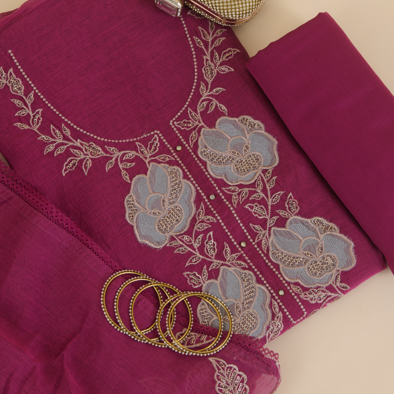 Magenta Fine Chanderi Thread & Sequin Embroidered Suit