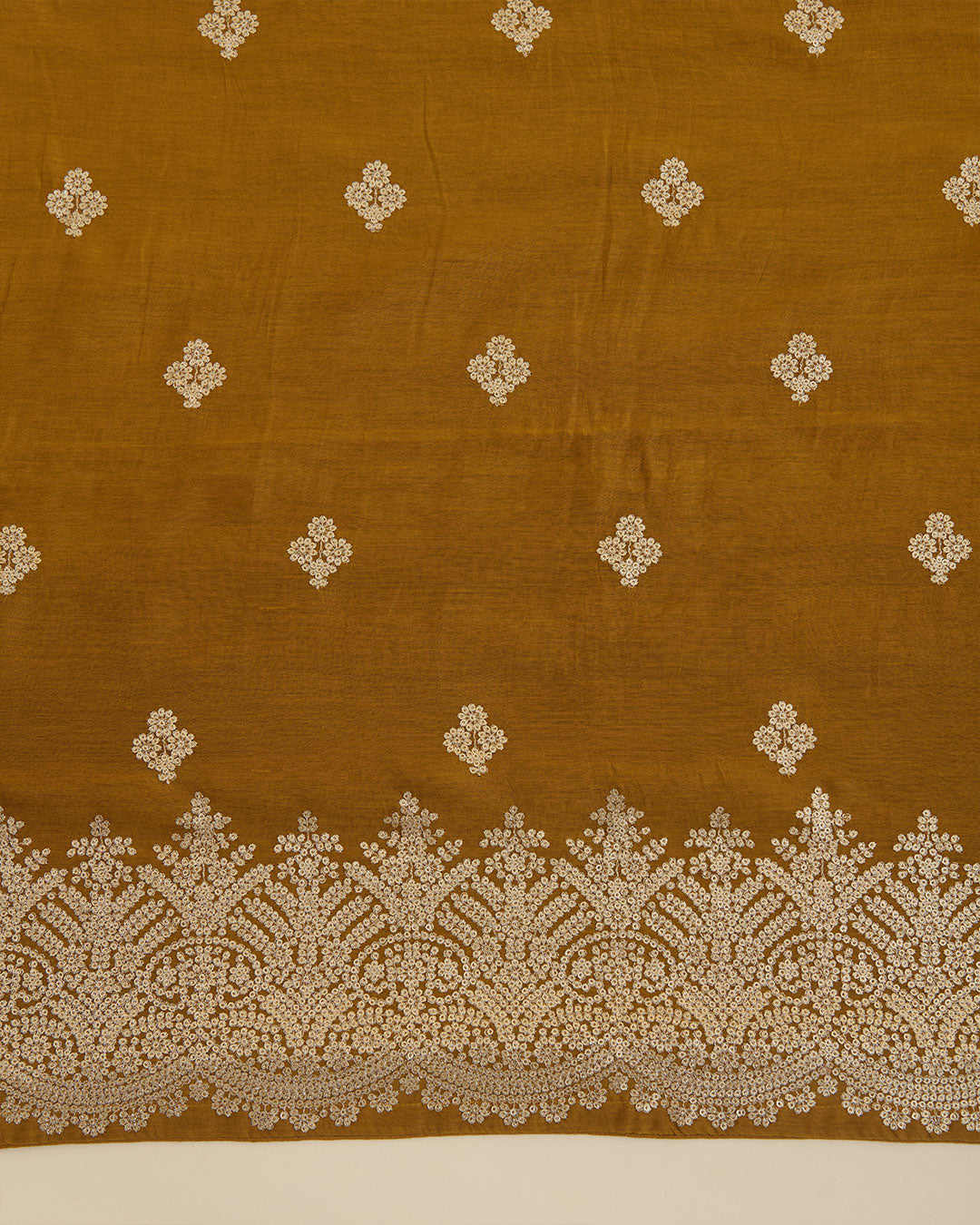Mustard Mal Chanderi kurta with sequence zari embroidery, matching butti dupatta and shantoon bottom set
