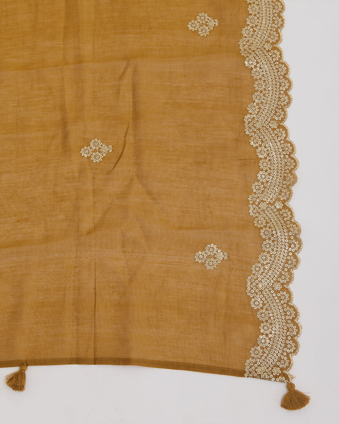 Mustard Mal Chanderi kurta with sequence zari embroidery, matching butti dupatta and shantoon bottom set