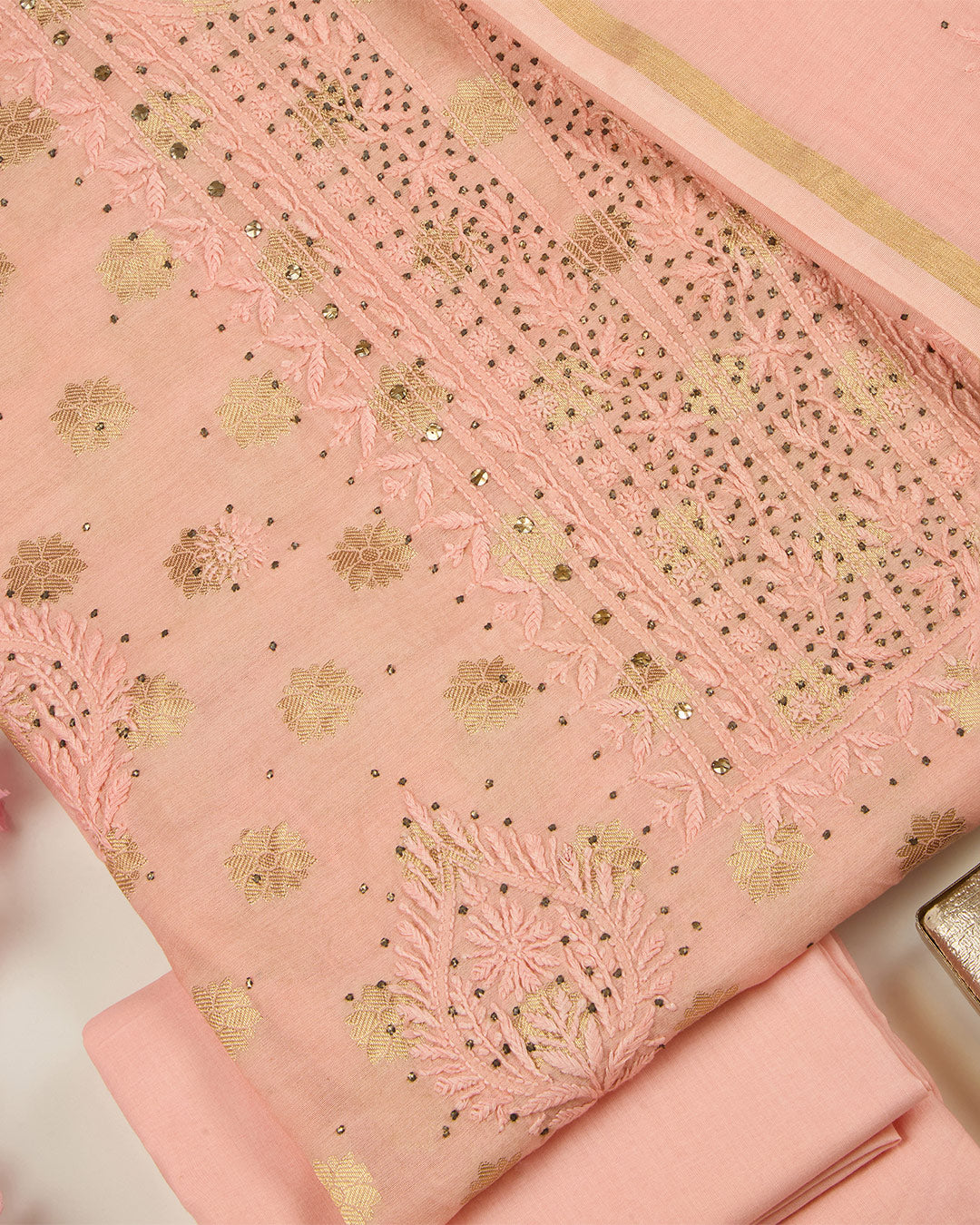 Baby Pink Chanderi Woven Suit with Lucknowi & Badla Work