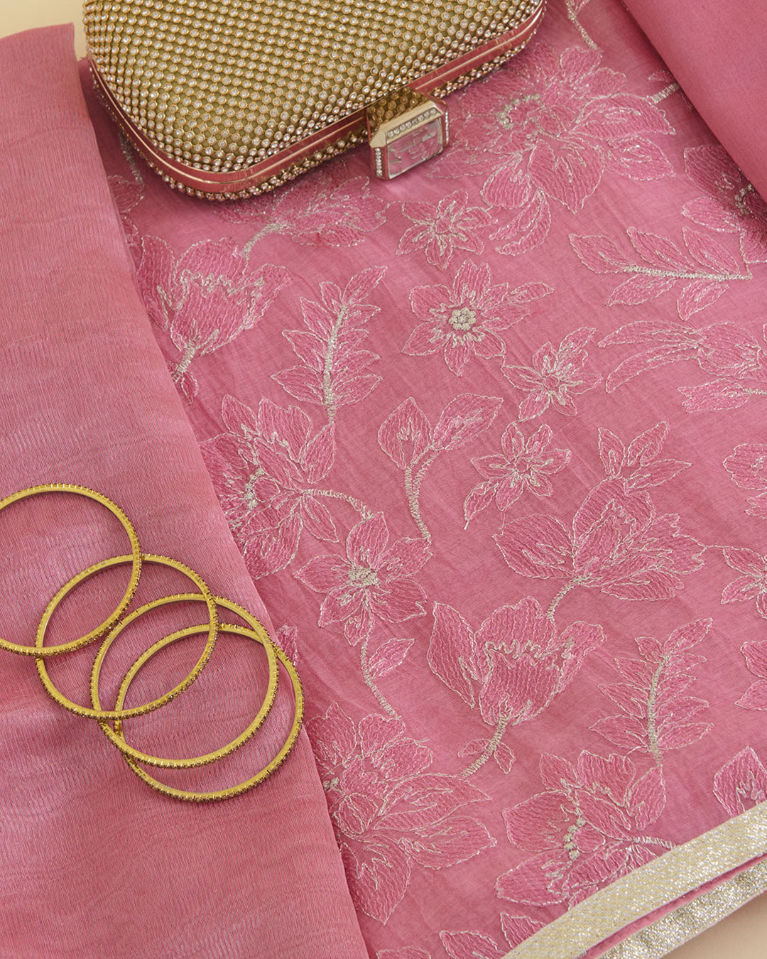 Onion Pink Mal Chanderi Embroidered Suit Set