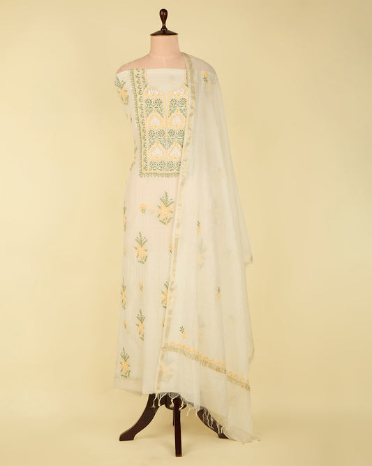 Off White Chanderi Suit with Multicolour Lucknowi Embroidery and Bead Work – No Bottom