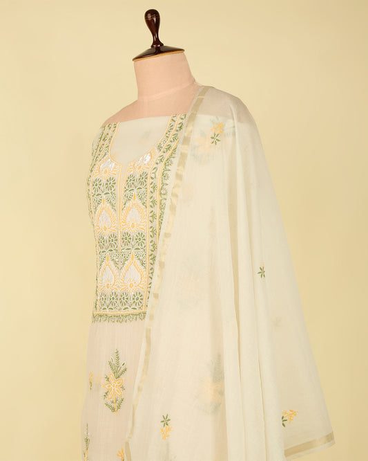 Off White Chanderi Multicolour Lucknowi Embroidered Suit Set (No Bottom)