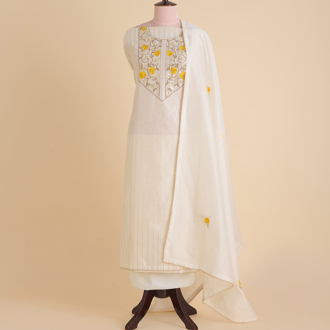 Off White Yellow Fine Chanderi Gota Lacchi Embroidered Suit