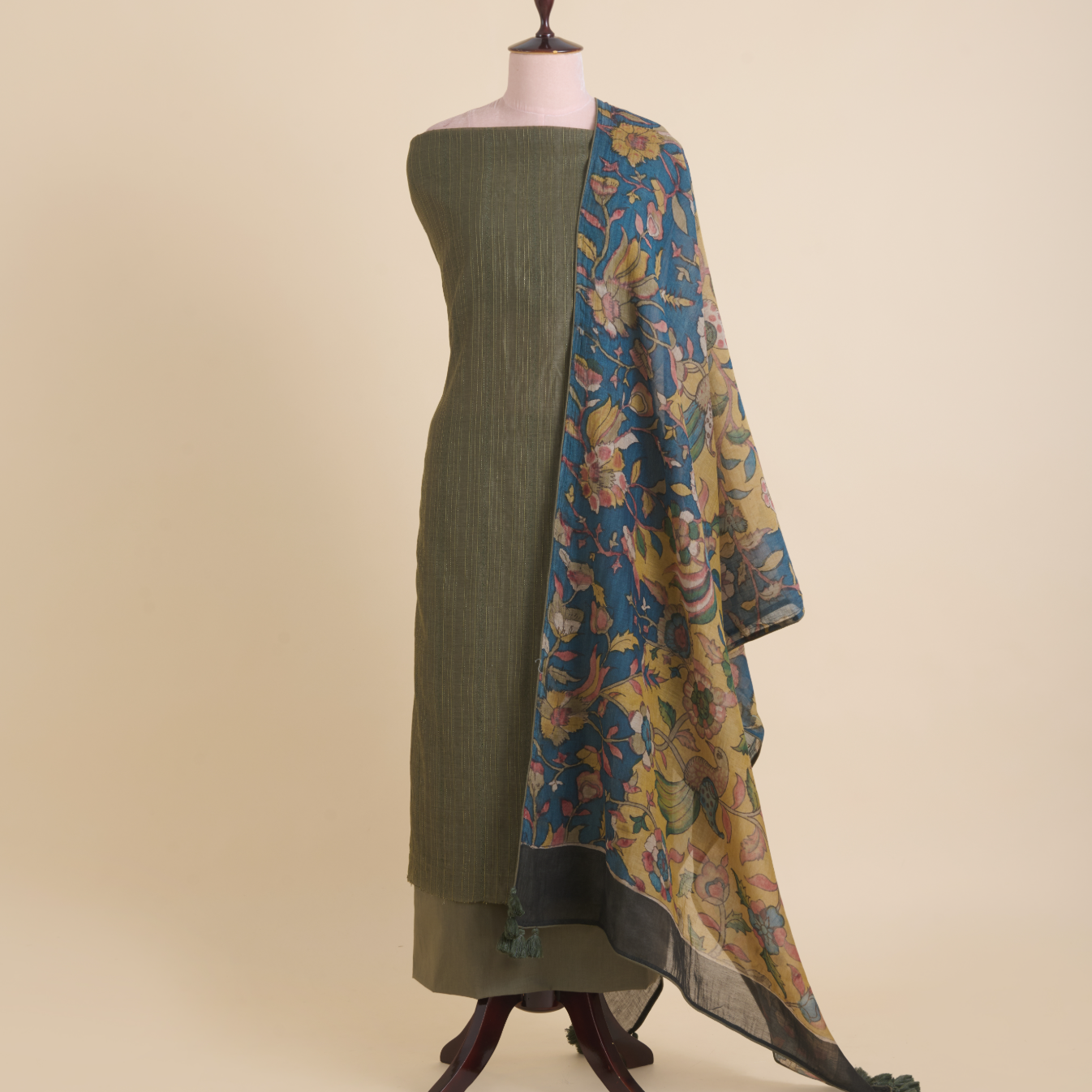 Olive Green Fine Chanderi Self Embroidered Kurta Set