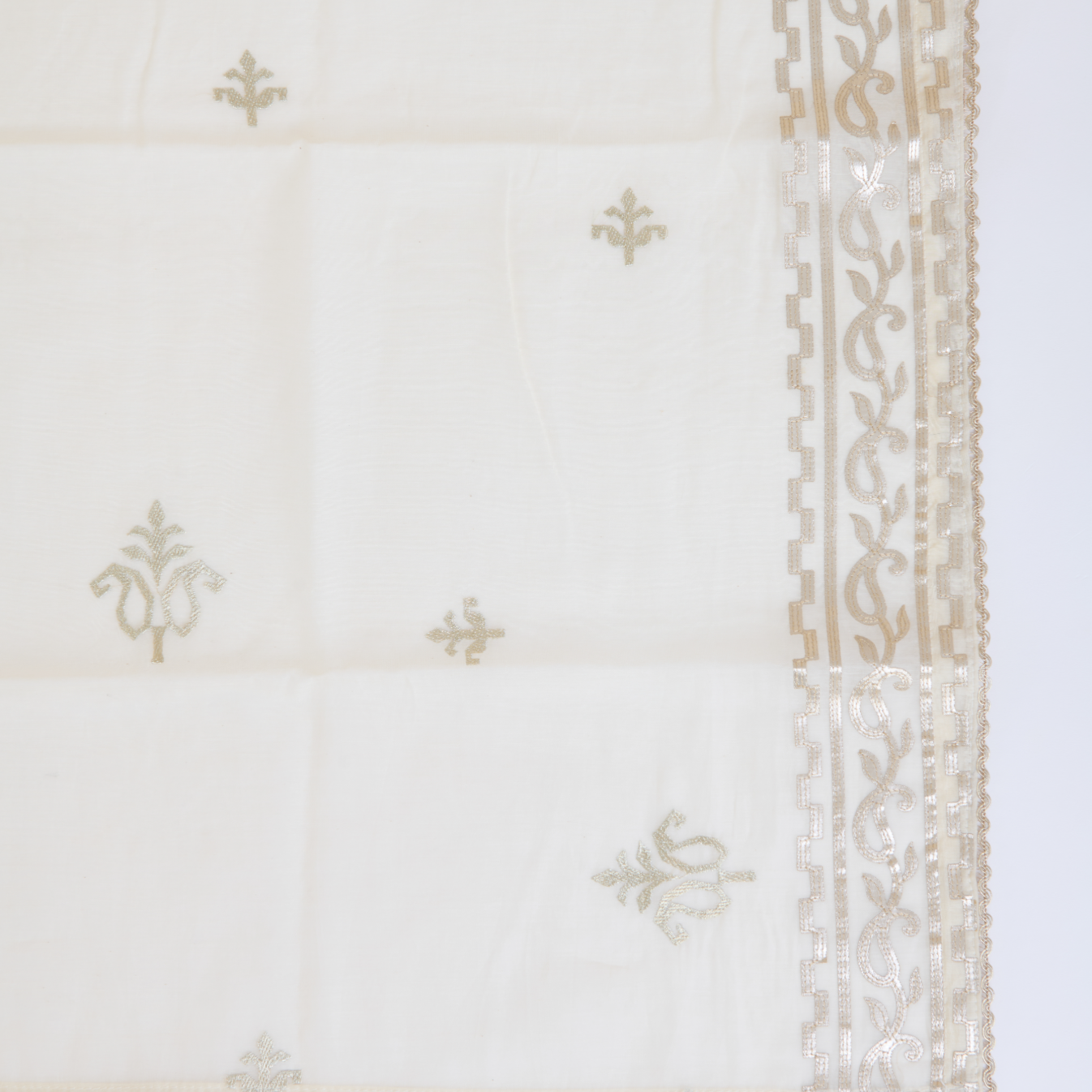 Off White Fine Chanderi Leather Embroidered Suit Set