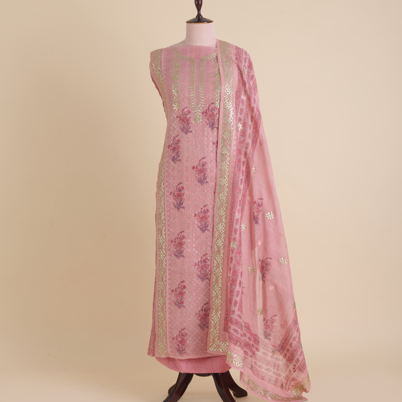 Onion Pink Fine Chanderi Printed Thread Zari Kurta Set