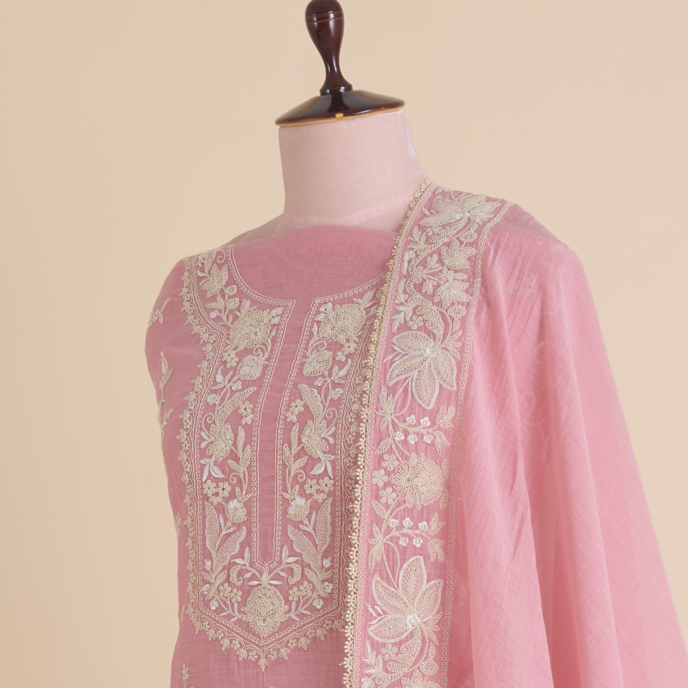 Onion Pink Fine Chanderi Dori Thread Jaal Embroidered Suit