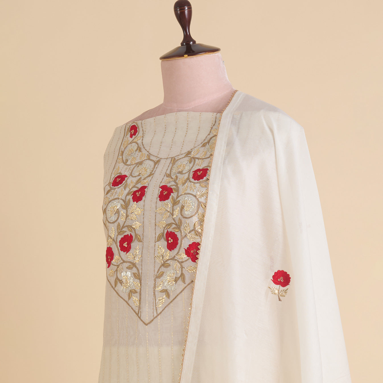 Off White Red Fine Chanderi Woven Suit with Embroidered Dupatta