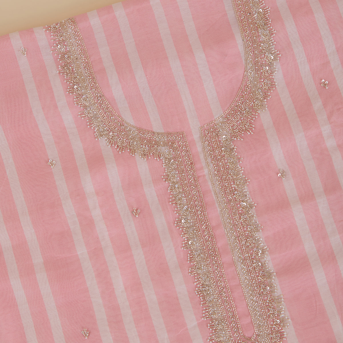 Off White Peach Fine Chanderi Striped Kurta with Embroidered Neck & Buti