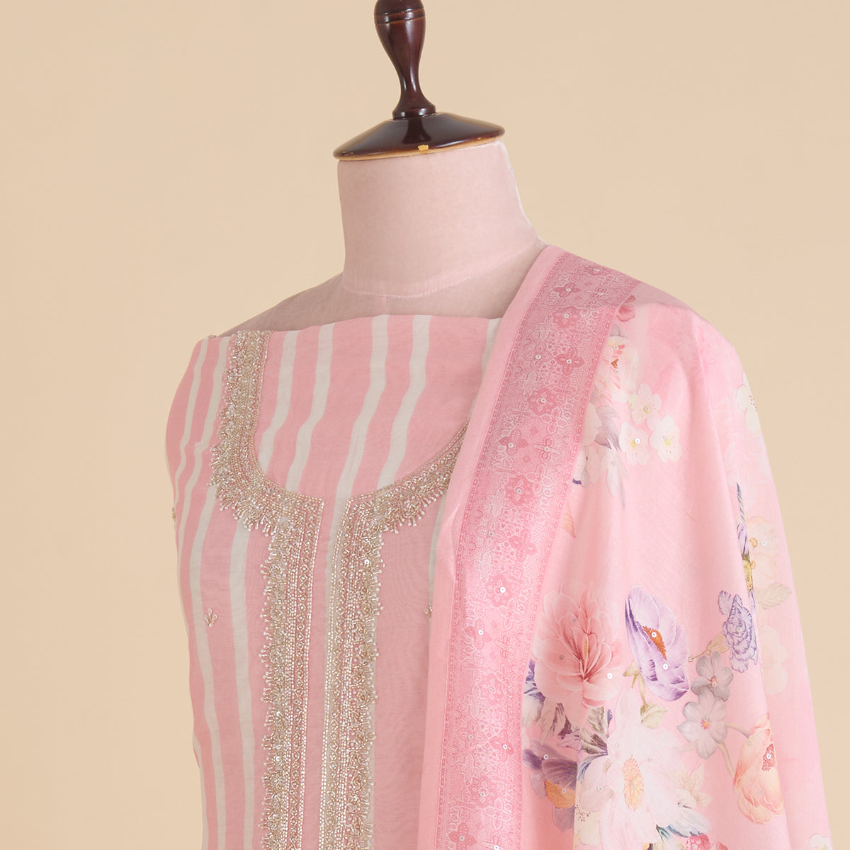 Off White Peach Fine Chanderi Striped Kurta with Embroidered Neck & Buti