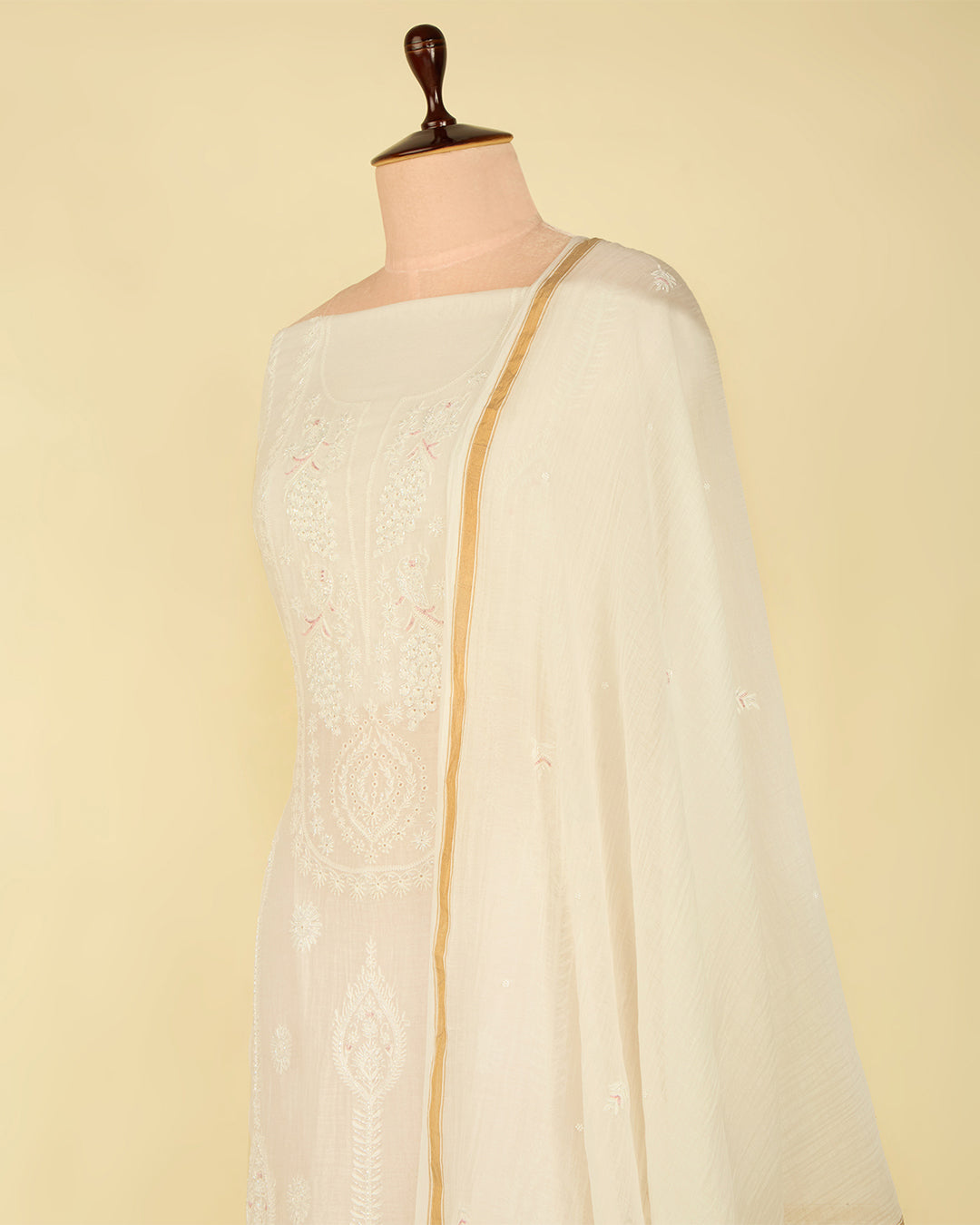 Off White Chanderi Lucknowi Embroidered Suit Set (No Bottom)