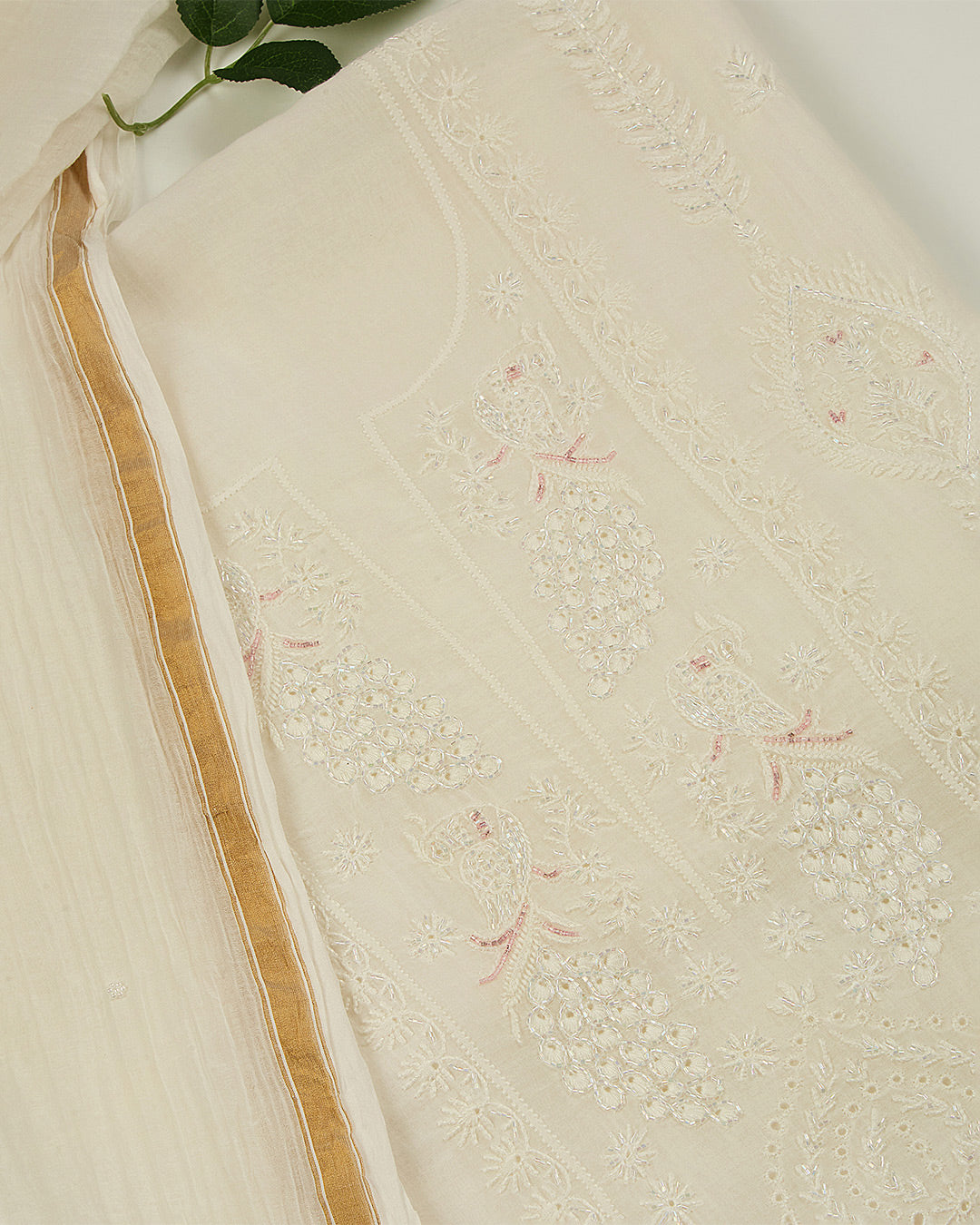 Off White Chanderi Lucknowi Embroidered Suit Set (No Bottom)