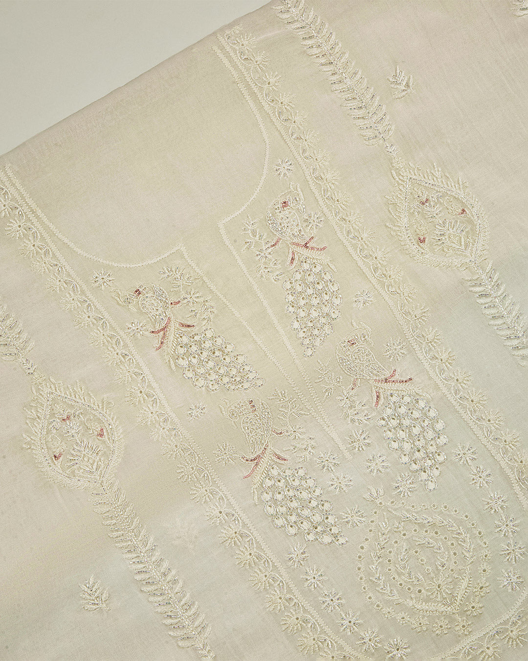 Off White Chanderi Lucknowi Embroidered Suit Set (No Bottom)