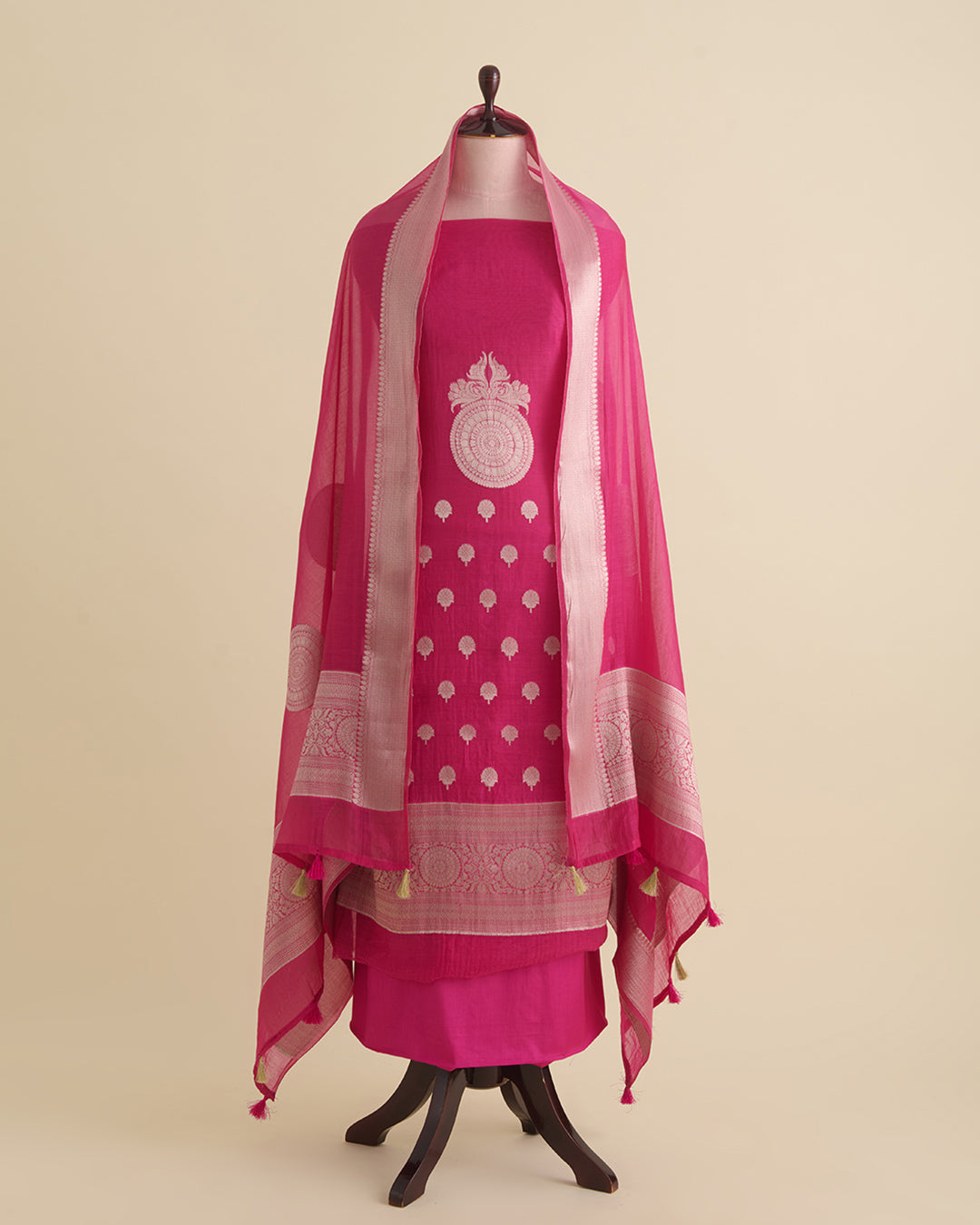 Pink Mal Chanderi Woven Motif & Butti Suit Set