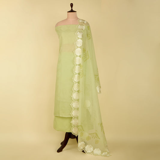 Pista Green Fine Chanderi Self Embroidered Suit with Printed Dupatta