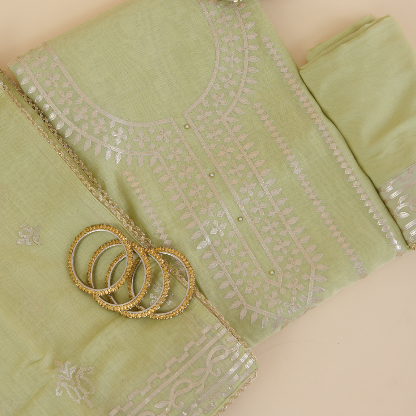 Pista Green Fine Chanderi Leather Embroidered Suit Set
