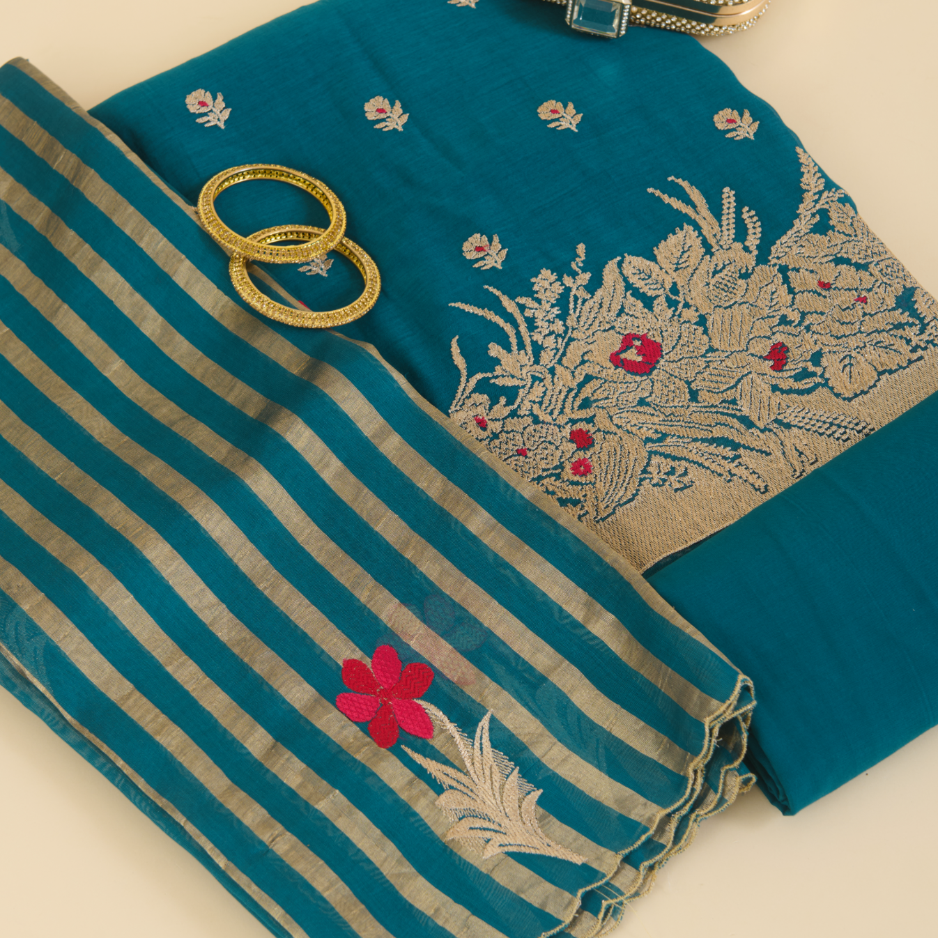 Peacock Blue Fine Chanderi Thread Embroidered Kurta Set