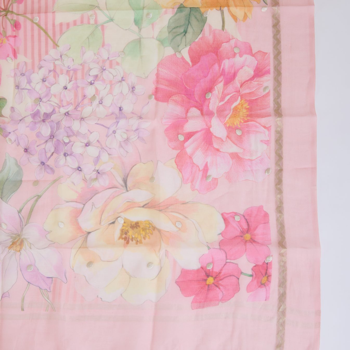 Peach Fine Chanderi Printed Suit with Resham Embroidered Neck