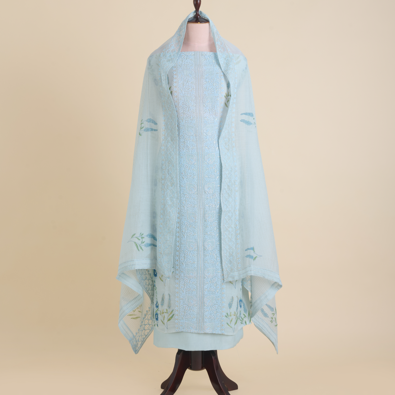Powder Blue Fine Chanderi Printed Embroidered Suit Set
