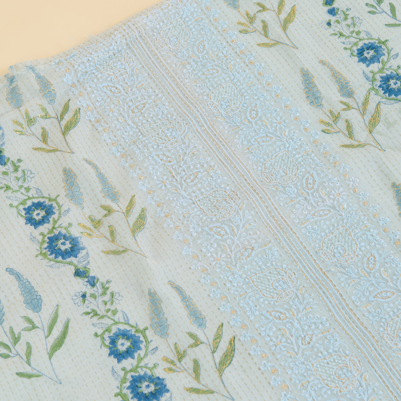 Powder Blue Fine Chanderi Printed Embroidered Suit Set