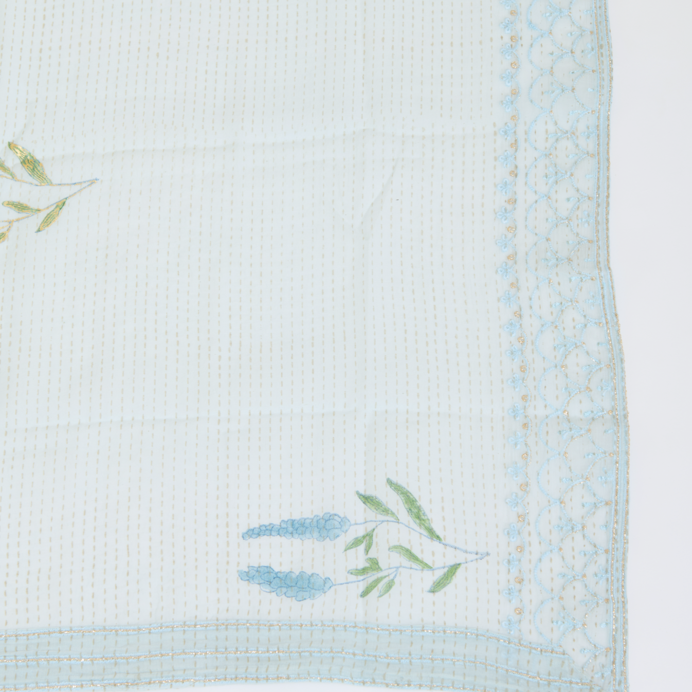 Powder Blue Fine Chanderi Printed Embroidered Suit Set