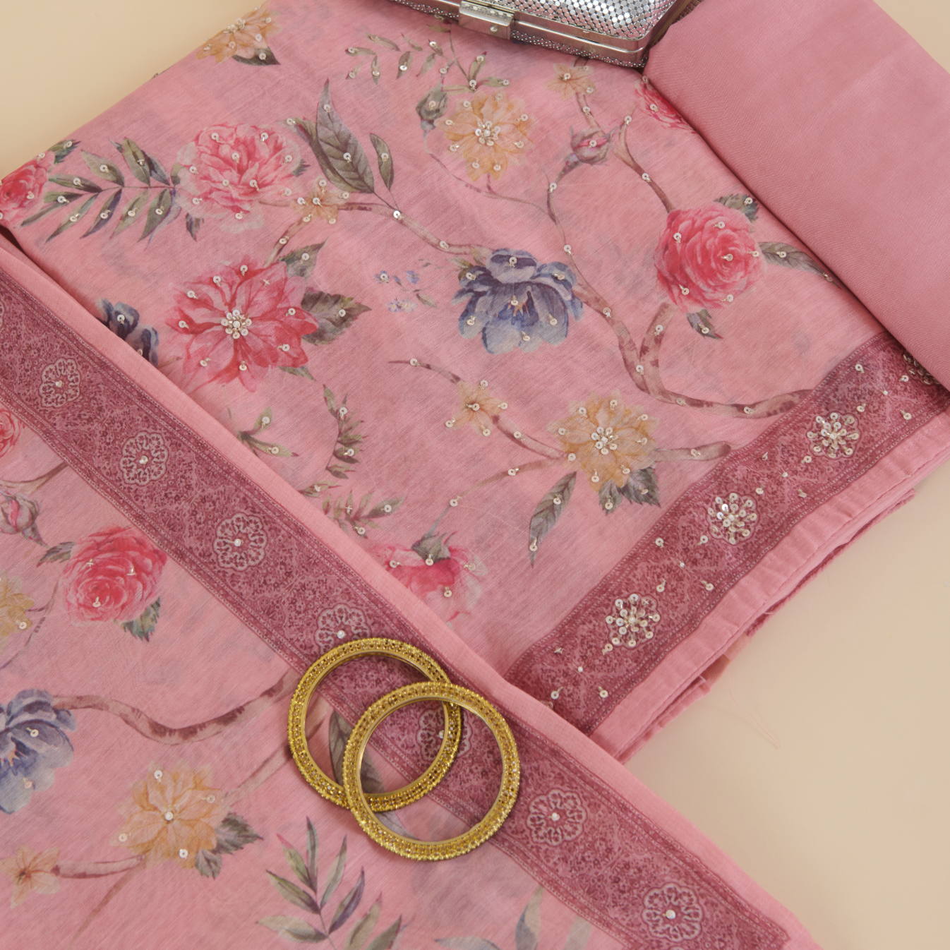 Peach Fine Chanderi Printed Suit with Cut-Dana Highlight Work