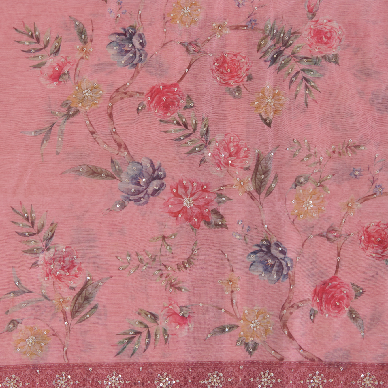 Peach Fine Chanderi Printed Suit with Cut-Dana Highlight Work