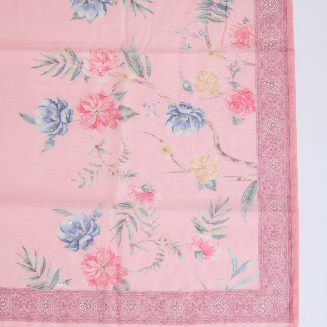 Peach Fine Chanderi Printed Suit with Cut-Dana Highlight Work