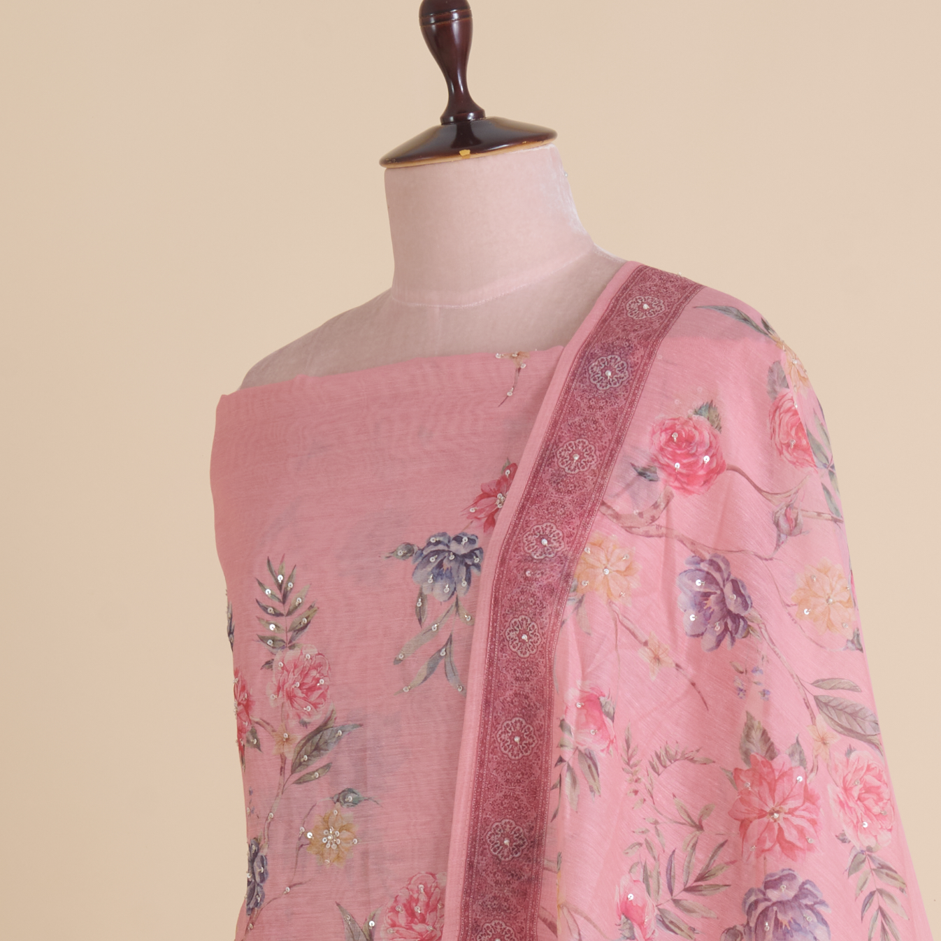 Peach Fine Chanderi Printed Suit with Cut-Dana Highlight Work