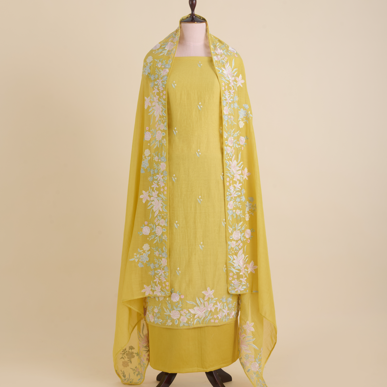 Yellow Fine Chanderi Thread Embroidered Suit with Butti