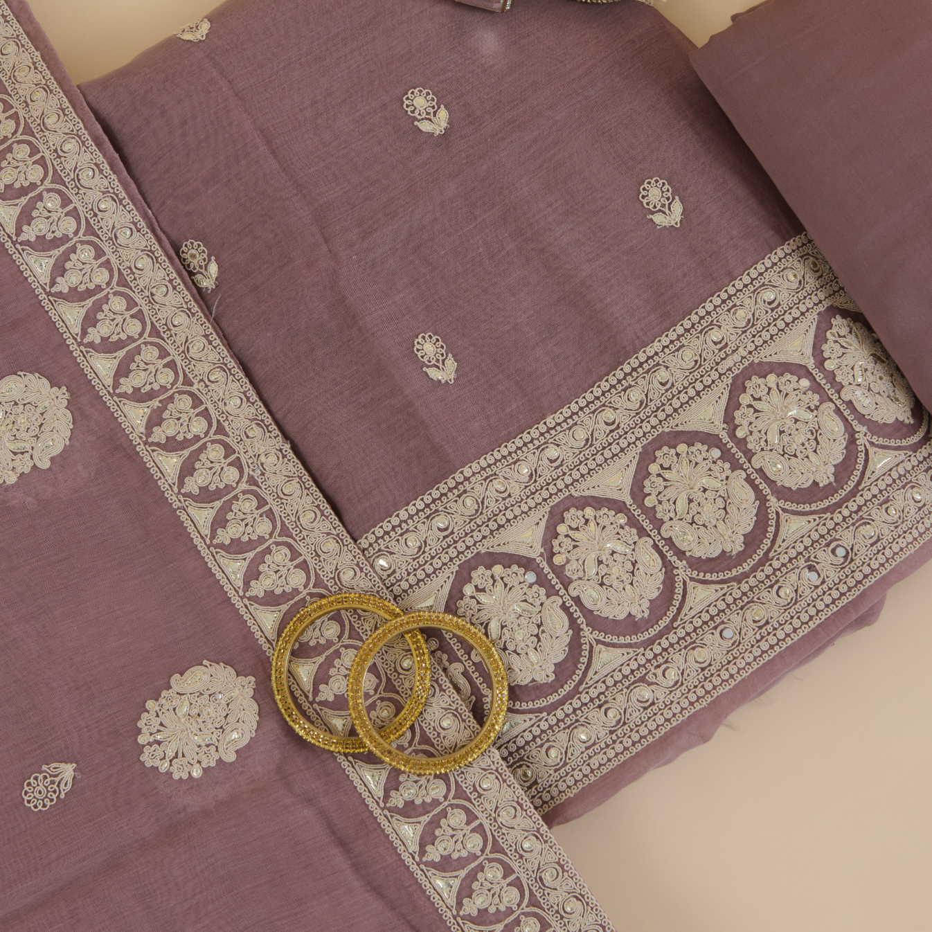 Dusty Mauve Fine Chanderi Resham Dori Zari Badla Suit