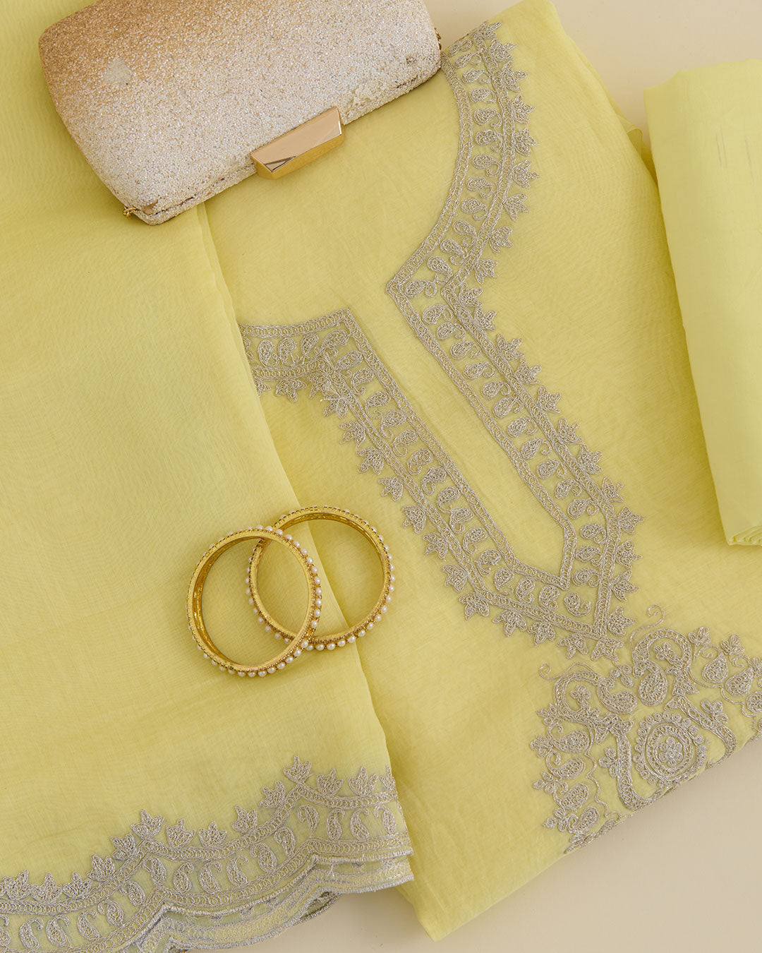 Yellow Mal Chanderi Kurta Set with Dori Work & Matching Dupatta